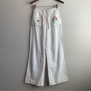Vintage 1970s White Embroidered Wide Leg Pants